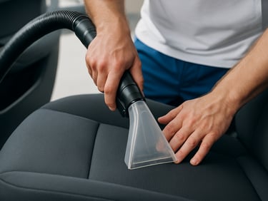 Close-up of a technician using a high-suction extractor on a dark grey fabric car seat, clean lines, bright daylight.