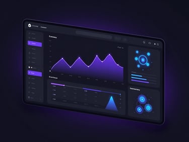 Isometric view of a dark-mode web application dashboard. High-fidelity UI mockup displaying purple and neon blue line charts, glowing data visualization nodes, and clean monospaced layout. Dark obsidian background with subtle violet backglow.