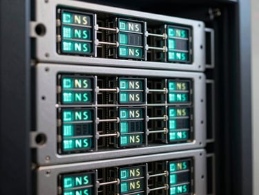 High-contrast macro shot of structured server racks, cool cyber jade status lights reflecting on steel, representing global DNS infrastructure