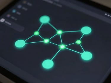 Macro close-up of a sleek dark-mode software interface on a clean screen, glowing abstract nodes representing connected digital workflows, moody neon green and cyan accent lighting, minimalist composition.