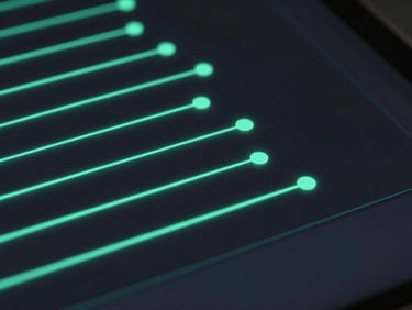 Sleek dark-mode messaging dashboard with connected node lines, neon green glow, minimalist tech aesthetic, macro close-up.