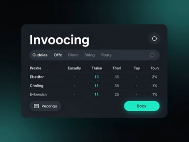 Minimalist dark-mode invoicing interface with clean typography, subtle cyan accent lighting, high-contrast studio setup.