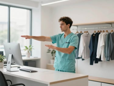 Fisioterapeuta profesional en uniforme clínico mostrando ejercicios de estiramiento a un dependiente en una tienda de ropa moderna, luz natural, estilo corporativo.