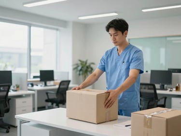 Fisioterapeuta profesional en uniforme clínico instruyendo a un trabajador de logística sobre el levantamiento seguro de paquetes en un almacén moderno, luz natural, estilo corporativo.