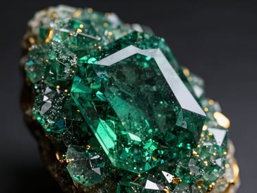 Extreme macro shot of a Zambian emerald, deep bluish-green crystalline structure, dramatic chiaroscuro lighting on sharp geometric facets