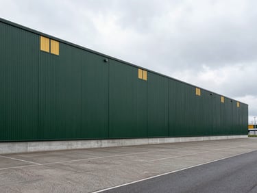 Wide-angle architectural shot of a modern concrete logistics terminal in Rotterdam under overcast sky, clean lines, industrial texture, 35mm lens