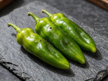 Fresh green jalapeño peppers with natural soil dust, lying on a dark stone surface with dramatic side lighting, macro editorial food photography