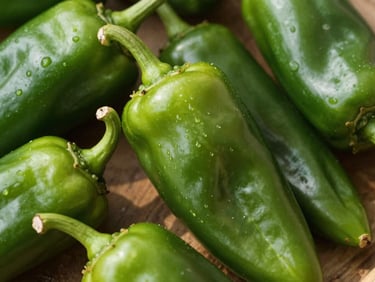 Crisp green jalapeño peppers newly harvested, macro texture shot under dramatic sunlight