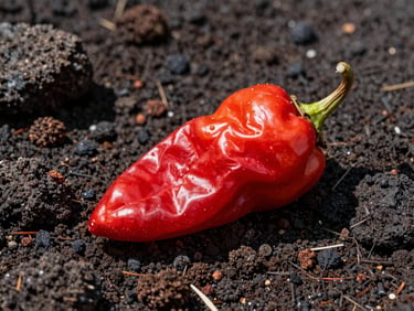Wrinkled bright red Trinidad Scorpion pepper sitting on dark rich volcanic soil, intense sunlight