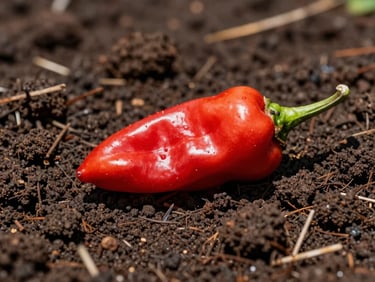 Single red Trinidad Scorpion pepper on rich dark Colombian soil, harsh midday sun creating sharp shadows, macro lens, 35mm