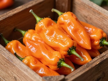 Close-up of freshly harvested bright orange habanero peppers stacked in a rustic wooden crate under bright sunlight, 35mm photography