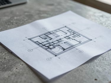 A close-up macro photograph of a physical blueprint overlaying a clean concrete workspace under cool diffuse daylight.