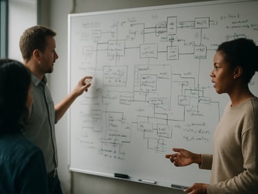 Wide environmental shot of a small engineering team gathered around a large whiteboard covered in system architecture diagrams and handwritten technical notes, natural window light from the left, shallow depth of field on the whiteboard details, team members slightly blurred in mid-discussion — no posed smiles, genuine working moment