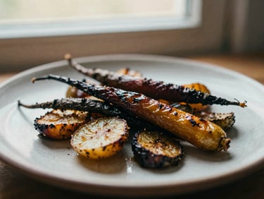Close-up macro shot of a rustic plated dish, roasted root vegetables on handmade ceramic plate, warm directional window light, 35mm film