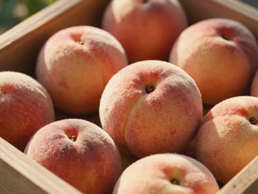 Close-up macro shot of organic peaches in a wooden crate, fuzzy skin texture, warm golden hour sunlight, shallow depth of field