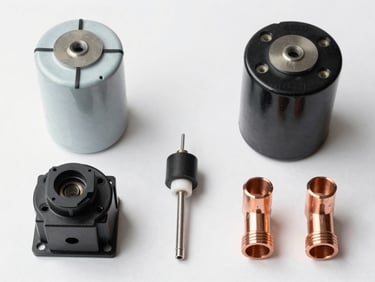 Overhead flat-lay of individual AC spare parts arranged on a clean white surface — a capacitor, a contactor relay, a thermistor sensor, and copper refrigerant fittings, each component isolated and lit by diffused studio light from above, sharp detail on metal contacts and component markings, clinical documentation style