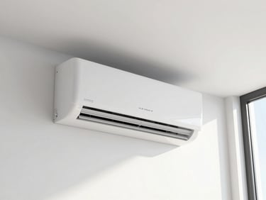 Wide shot of a new wall-mounted split AC unit installed flush on a clean white interior wall, natural daylight from a window to the right casting soft even light on the unit's vents and body panel, no people, clinical product documentation framing