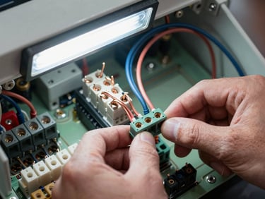 Close-up of a technician's hands connecting electrical wiring terminals inside an open AC control board, studio strobe lighting from above revealing the circuit components clearly, copper wires and connector blocks sharp and in focus, technical and precise