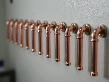 Gros plan technique sur des collecteurs de plomberie en cuivre poli parfaitement alignés et fixés sur un mur technique propre, éclairage de studio précis.