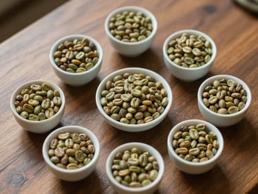 Overhead study of green coffee bean samples in small ceramic cups on a wooden table, classified by size and density, diffuse natural light, no people