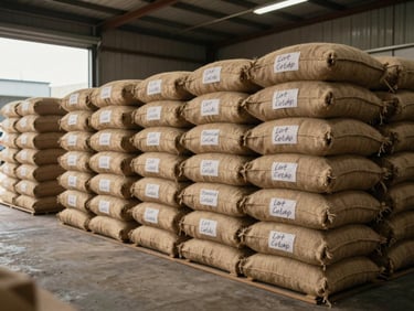 Wide view of an open-air warehouse storage area with burlap coffee sacks stacked in rows, each sack tagged with a handwritten lot label, warm ambient daylight from a side opening