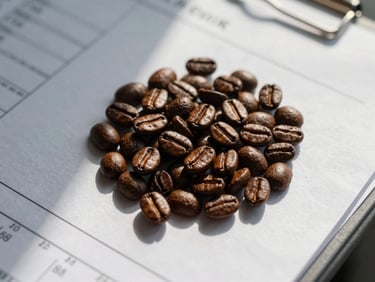 Close-up overhead of a printed laboratory analysis sheet beside a small pile of sorted coffee beans on a textured paper background, natural window light, no people