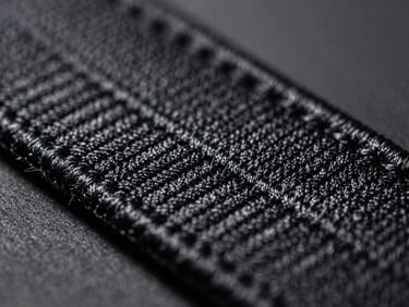 Macro close-up of high-density embroidered patch threads showing tight stitch pattern, dramatic side lighting, dark charcoal background
