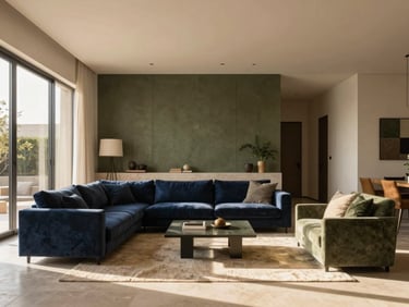 Modern bright interior of a living room in Mexicali, soft daylight, warm tones, high-end Mexican architecture.