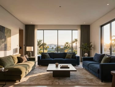 Bright modern residential living room in Mexicali, golden hour sunlight, minimalist furniture, high-end architectural shot