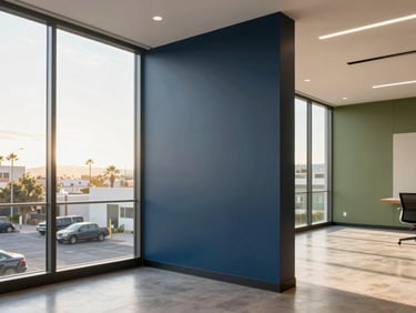 Premium commercial office space in Mexicali, floor-to-ceiling windows, bright natural daylight, clean modern design