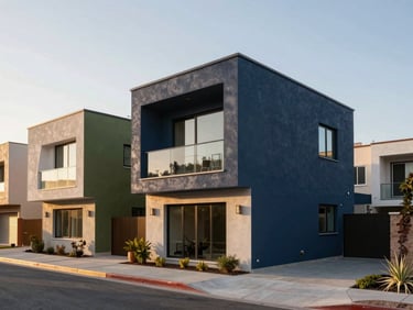 Exterior wide shot of modern residential development in Mexicali, golden hour, clean geometric lines.