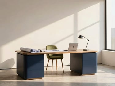 Minimalist workspace with architectural blueprints, warm natural lighting, professional real estate environment.