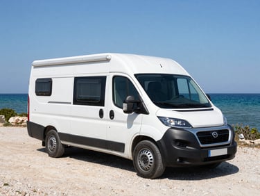 A camper van parked near the coast of Abruzzo, natural sunlight, realistic documentary framing.