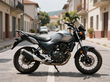 A clean modern motorcycle parked on a quiet street in Martinsicuro, bright natural daylight, eye-level documentary style.