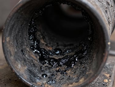 Macro close-up of a heavily soot-clogged dark metal chimney duct interior, thick black grease blocking the airflow, sharp flash photography.