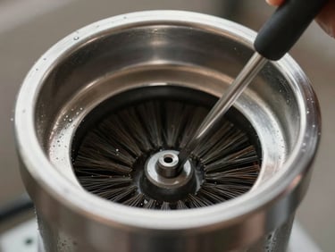 Macro close-up of a clean, shining metal chimney interior after professional rotary brush cleaning, clear open passage, bright utility lighting.
