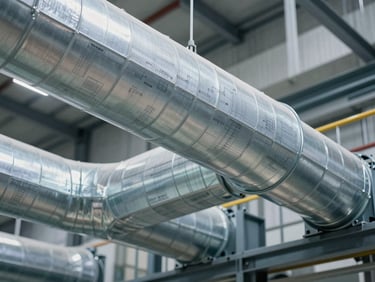 Clean, structured ventilation ducts inside a modern industrial facility, sharp focus, technical blueprint layout style.