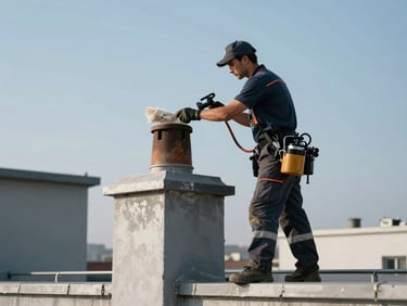 Certified technician on a clear day rooftop, cleaning a commercial building chimney with professional equipment.