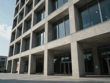 Wide architectural shot of a modern courthouse facade in concrete and glass, sharp geometric lines, dramatic shadows, cool daylight