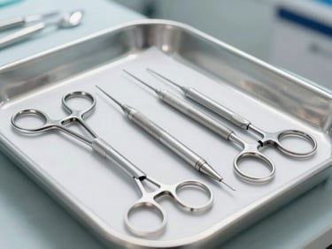 Sleek, modern aesthetic surgery tools arranged on a sterile surgical tray, bright clinical white light, precise detail.