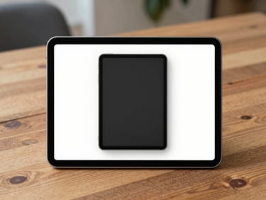 Straight-on shot of a clean mockup of submitted ads displayed on a real tablet screen on a wooden table, bright natural daylight.