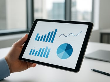 Crisp editorial close-up of a digital dashboard on a tablet screen in a bright Seattle office, soft window light, 35mm lens