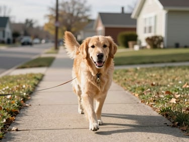 A friendly golden retriever walking on a leash along a suburban sidewalk, warm afternoon sun, natural depth of field