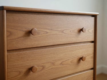 Authentic close-up of a solid oak mid-century modern dresser in a sunlit bedroom, natural daylight, soft organic tones
