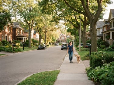 Warm documentary photography of a quiet tree-lined suburban neighborhood street in afternoon sun, realistic depth of field, 35mm lens