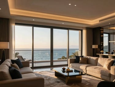 Modern luxury apartment living room with ocean view, large windows, golden hour daylight, high-end design