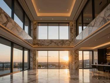 Luxury penthouse interior, double height ceiling, marble floors, sunset light, 35mm architectural photography