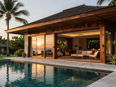 Luxury tropical villa architecture, wood and glass, pool reflecting sunset, lush green environment