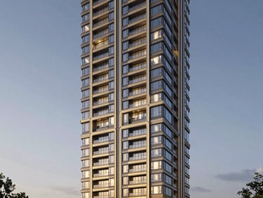 Architectural rendering of a modern luxury skyscraper, clean lines, blue hour lighting, 35mm