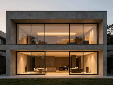 Minimalist luxury house facade, concrete and glass, soft evening architectural lighting, 35mm